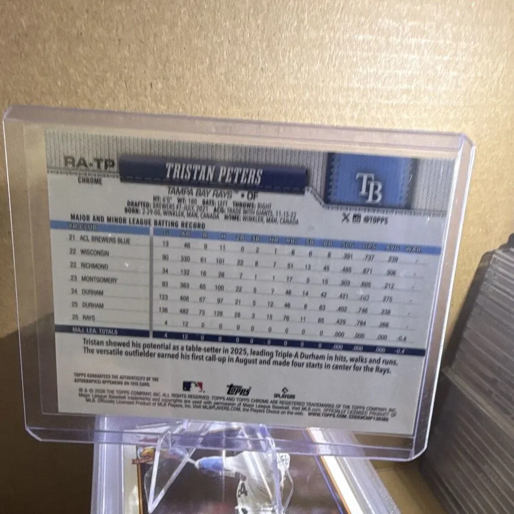 2026 Topps Chrome Tristan Peters RC Auto 212/250 Tampa Bay Rays #RA-TP
